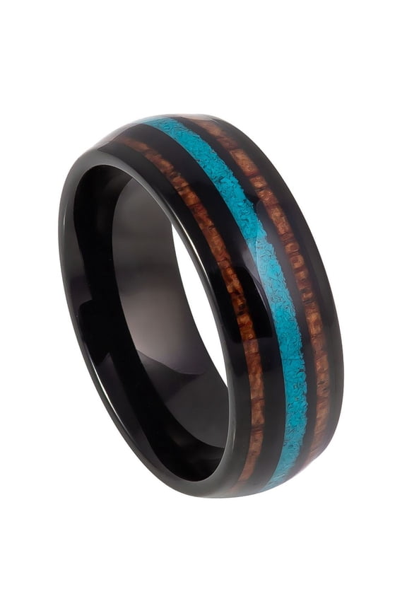 Black Plated Tungsten Koa Wood Turquoise Domed Ring Size 7