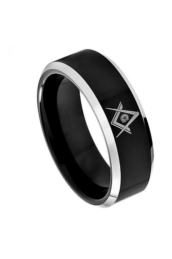 Black Plated Tungsten Masonic Compass and Square Design Ring Size 9.5