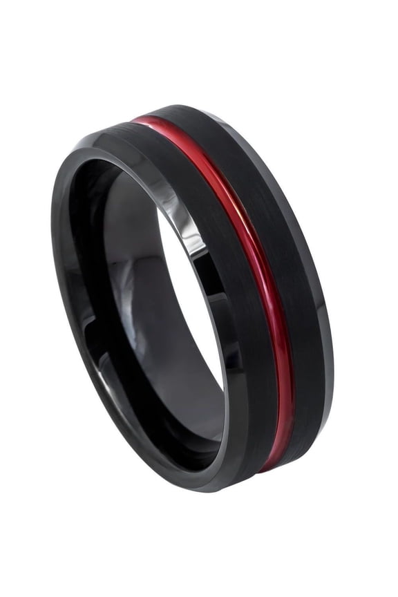 Black Plated Tungsten Red Grooved Center Eternity Ring Size 12
