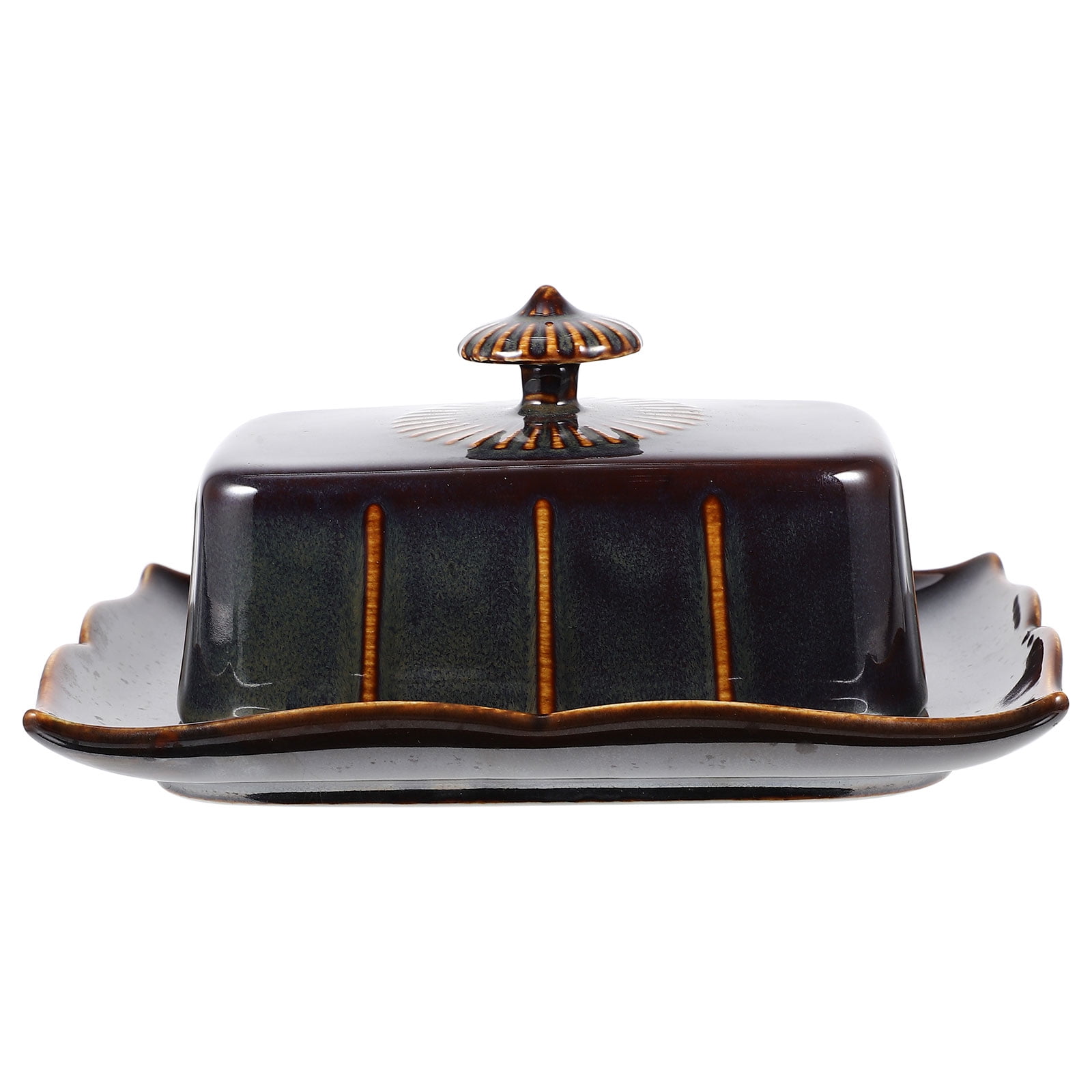Black Plates Country Decor Ceramic Butter Dish Holder Village Pottery