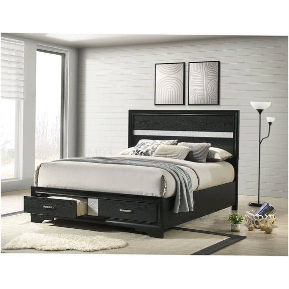 Black Platform Bed Frame with Storage Drawers, Queen Size Bed with Crystal Glam Footboard, No Box Spring Required