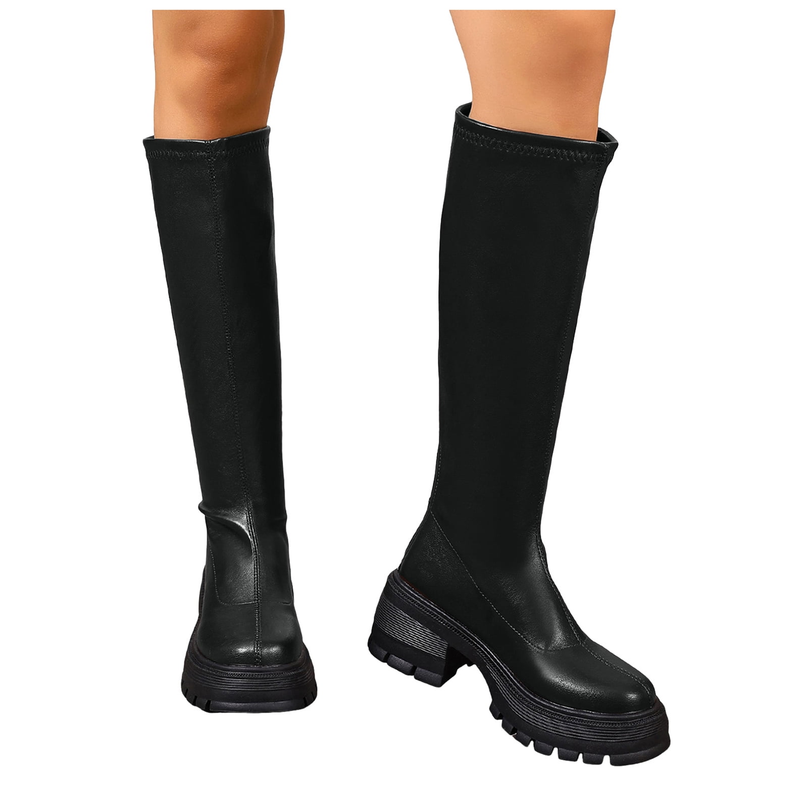 Black Platform Knee High Boots for Women Chunky Heeled Leather Slip On ...