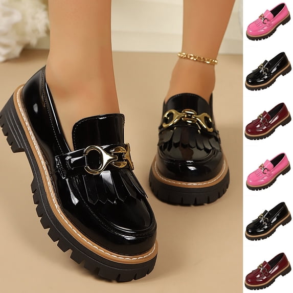 Black Platform Loafers for Women - Women's Slip-On Faux Leather Loafers, Chunky Comfort Shoes for Work & Dressy Occasions Size 36-43 Black