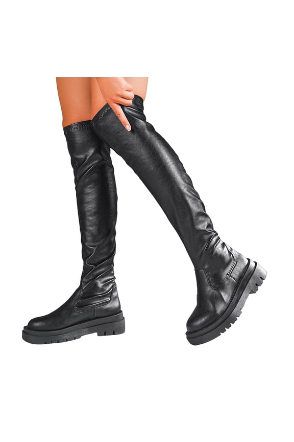 Black Platform Thigh High Boots for Women Chunky Lug Sole Soft Stretch Leather Round Toe Over the Knee Tall Riding Booties