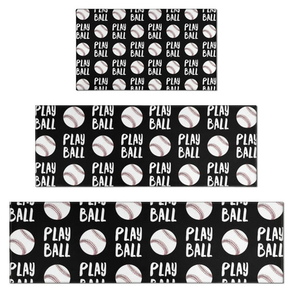 Black Play Ball Baseball Pattern Kitchen Rugs Sets Of 3,Kitchen Runner Rugs Non Skid Washable,Decorative Kitchen Floor Mats for Kitchen,Sink,Laundry,17"x30"+ 17"x47" + 17"x59"