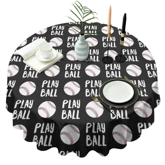 Black Play Ball Baseball Pattern Round Tablecloth 60"x60",Wrinkle Wipeable Table Cloth for Kitchen Dining Room Picnic Patio Party