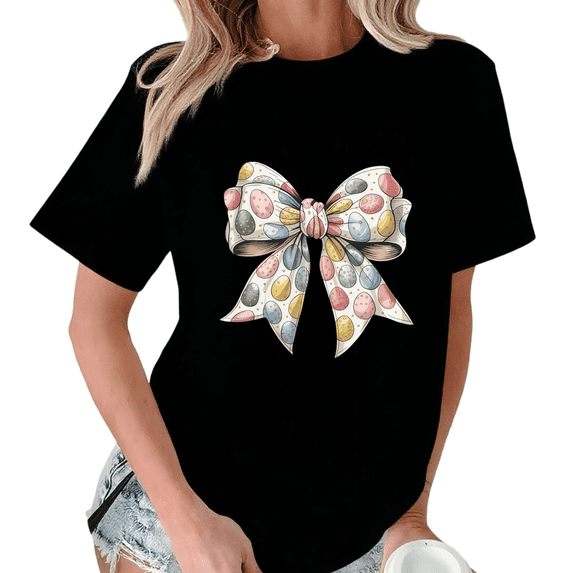 Black Playful Easter Egg Print Bow Print T-Shirt Graphic Tees Shirts Easter Lover Kawaii S-5XL Tops