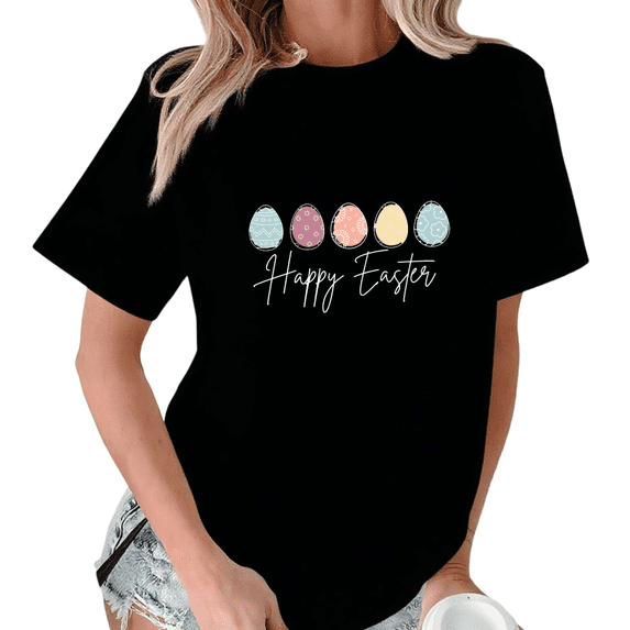 Black Playful Happy Easter Colorful Eggs Print T-Shirt Graphic Tees Shirts Easter Lover Kawaii S-5XL Tops