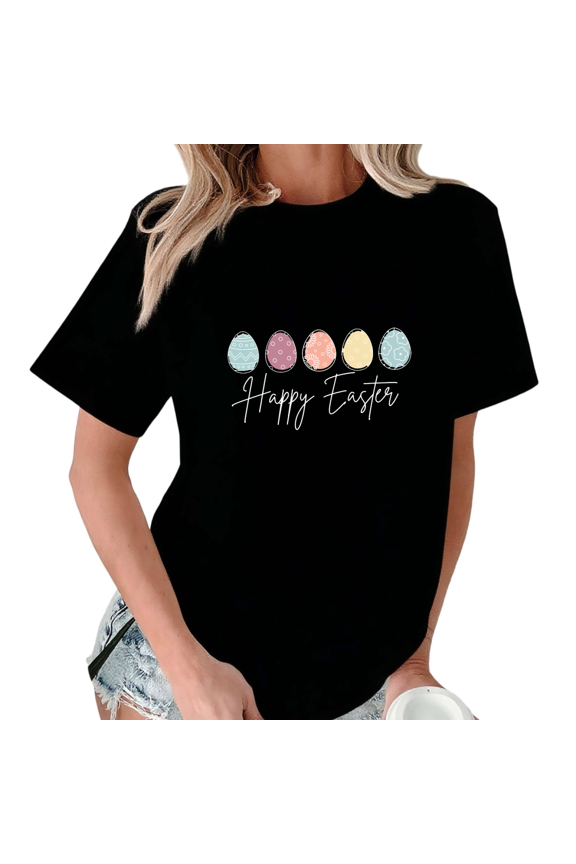 Black Playful Happy Easter Colorful Eggs Print T-Shirt Graphic Tees Shirts Easter Lover Kawaii S-5XL Tops