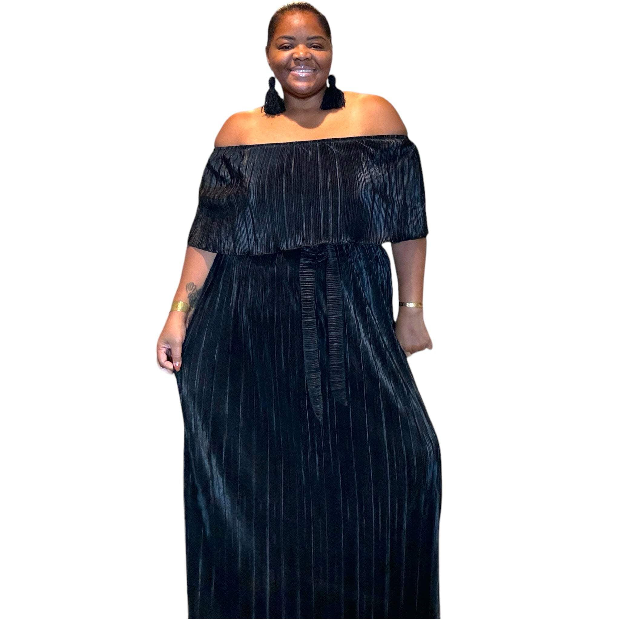 Black Pleated Off The Shoulder Maxi Dress - Walmart.com