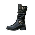 thumbnail image 1 of Black Pleated Pile Boots Round Toe Thick Heel Belt Buckle Mid Calf Women Casual Fall Winter Style, 1 of 9