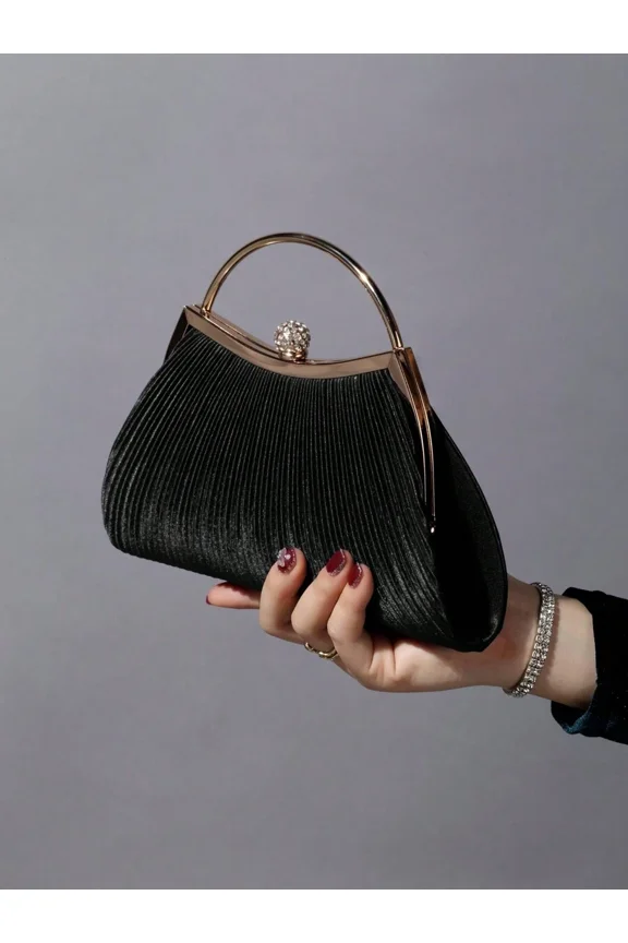 Black Pleated Rhinestone Clutch Evening Handbag With Goldtone Frame