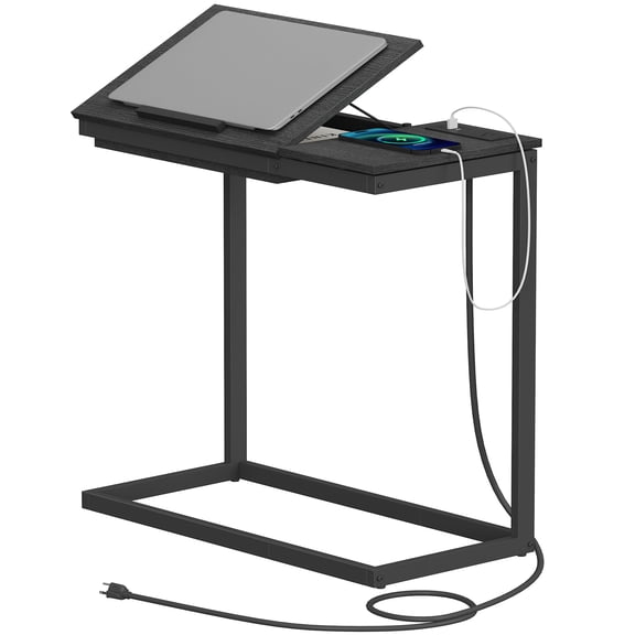 Black Plug C Shaped End Table with Charging Station and Tilting Stand for Living Room Bedroom