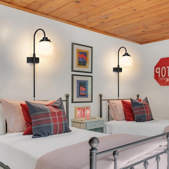 Black Plug in Wall Sconces Set of 2 with White Glass - Adjustable Plug-in Bedside Lights for Bedroom & Living Room, Corded Wall Mounted Lamps with Switch