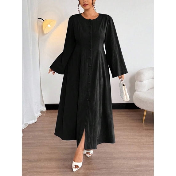 Black Plus Size A-Line Button Front Long Sleeve Maxi Dress With Side ...