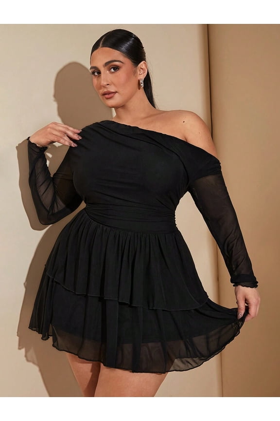 Black Plus Size Asymmetrical Off-Shoulder Long Sleeve Ruffled Hem Mini Dress