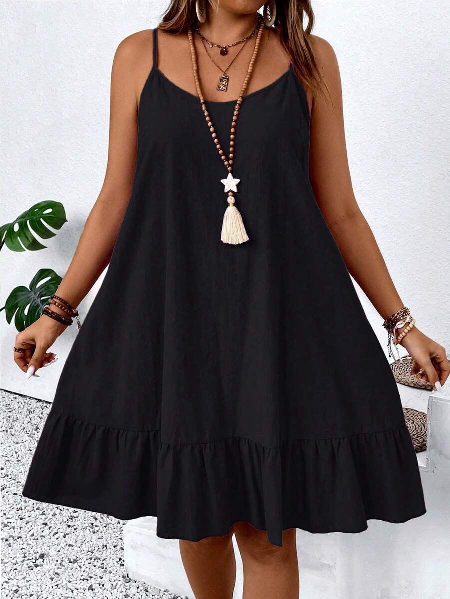 Black Plus Size Casual Spaghetti Strap A-Line Dress With Ruffle Hem ...