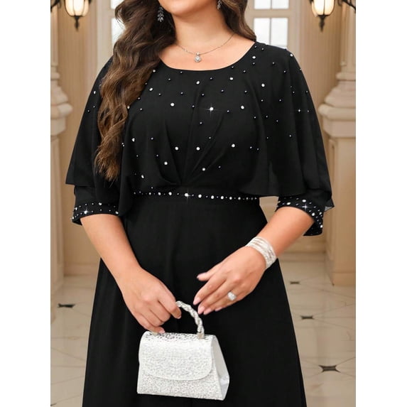 Black Plus Size Elegant Party Rhinestone Embellished Dress With Cap Sleeves And Belted Waist