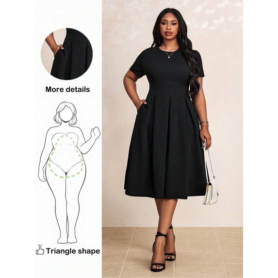 Black Plus Size Fit & Flare Dress For Triangle Shape Women Office Party Elegant Midi Dress