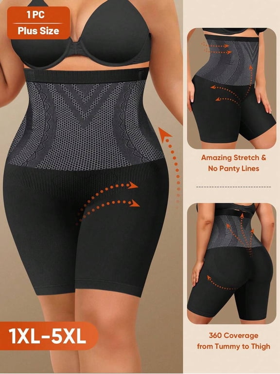 Black Plus Size High Waist Shapewear Shorts, Firm Control, 360 ° Tummy To Thigh Coverage, 1X-5X