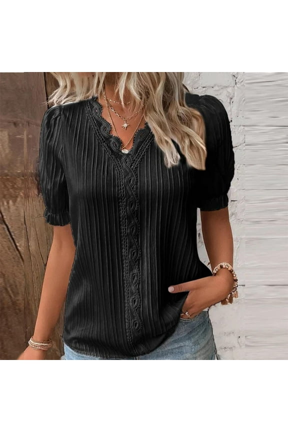 Black Plus Size Ladies Tops And Blouses Women Summer Lace V Neck Plain Lace Elegant Shirt Fashion Solid Color Elegant Blouse Short Sleeve Comfy Soft Tee