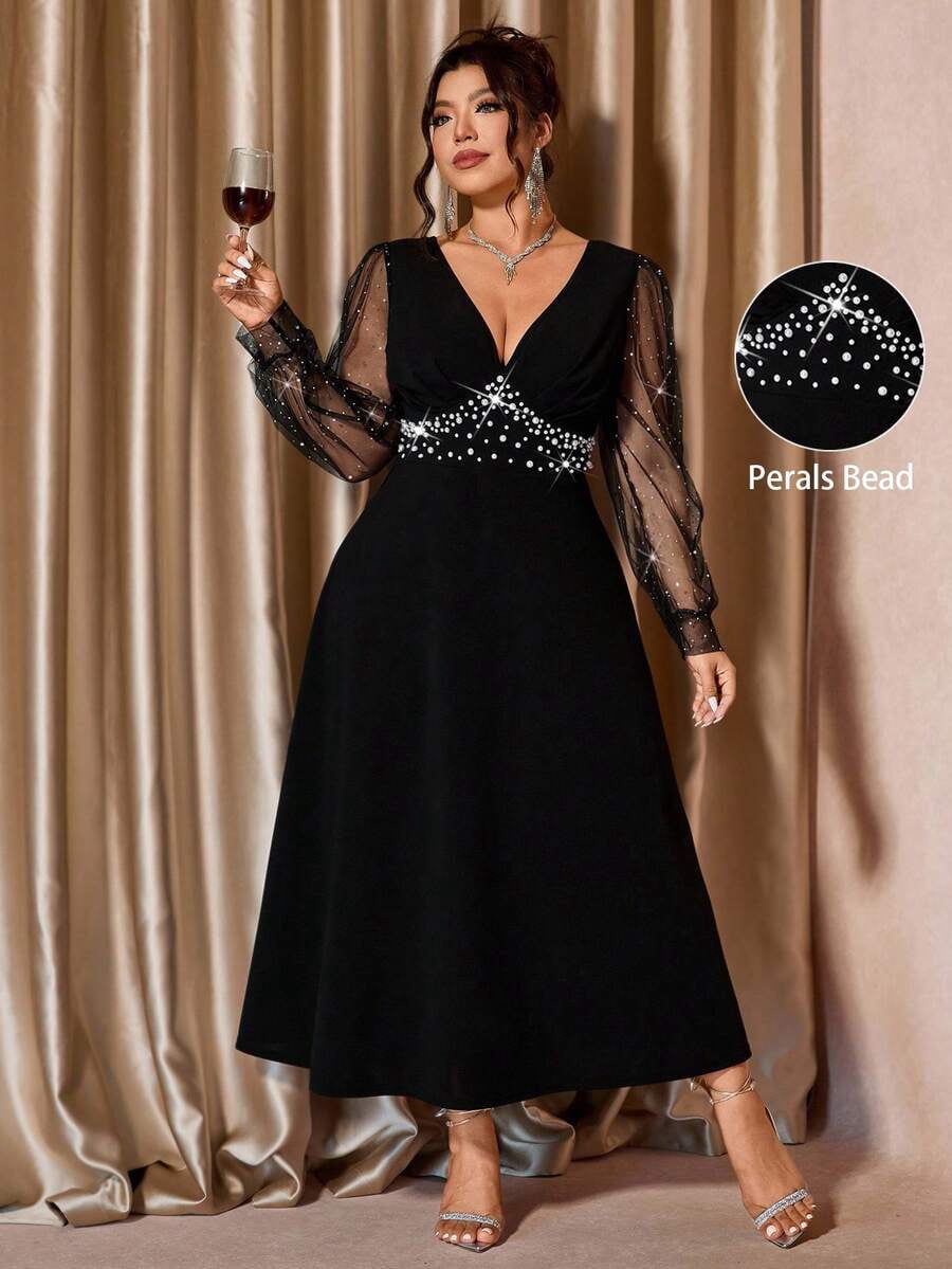 Black Plus Size Luxury Party Dress With Sheer Sparkly Long Sleeves And — free download