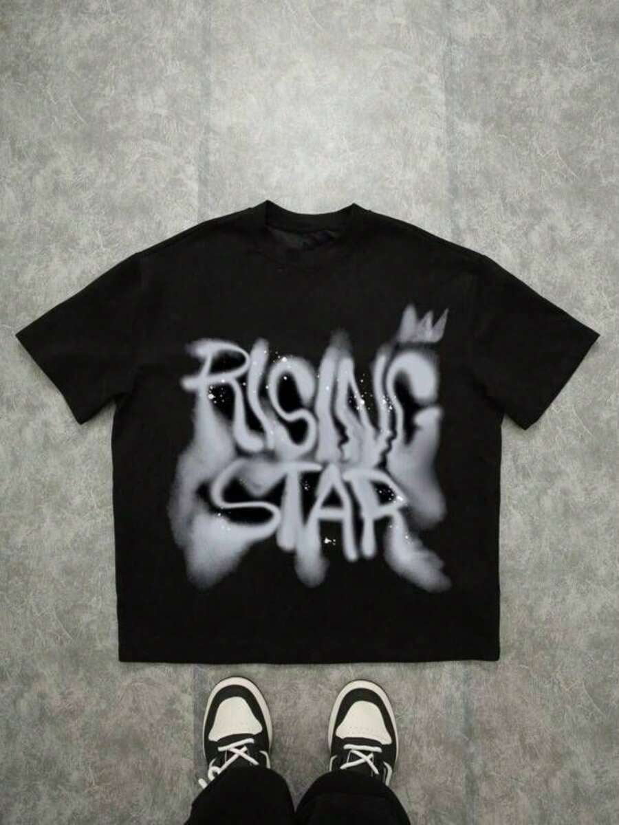 Black Plus Size Mens Rising Star Graphic Tee, Oversized Casual Short ...