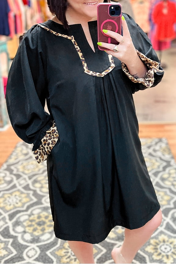Black Plus Size Notched Neck Leopard Trim Flounce Long Sleeve Shift Dress