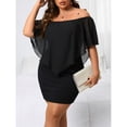 thumbnail image 1 of Black Plus Size Off-Shoulder Fitted Mini Dress With Sheer Flounce Overlay, 1 of 7