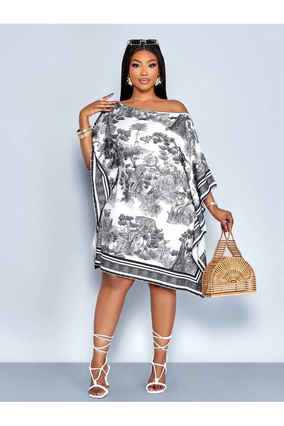Black Plus Size Off-Shoulder Mid-Length Dress With Retro Forest Animal Print, Casual Vacation Style
