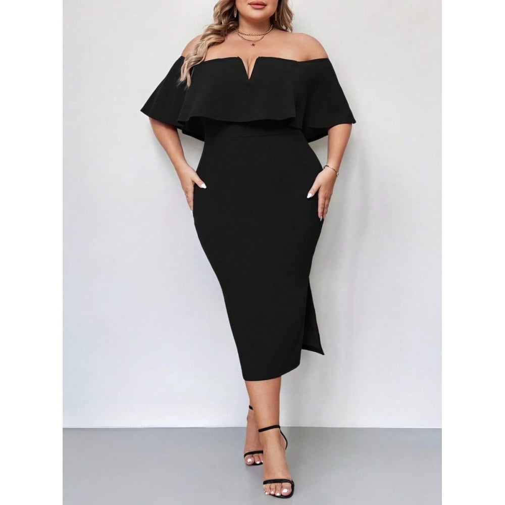 Black Plus Size Off-Shoulder Ruffle Detail Sheath Dress For Spring To Summer