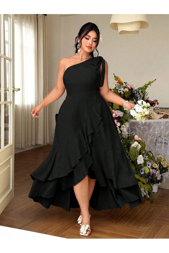 Black Plus Size One-Shoulder A-Line Dress With Ruffle Hem And Tie Waist For Evening Formal Occasions