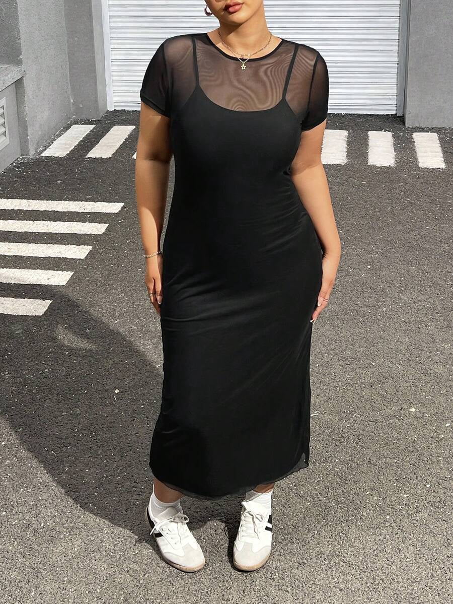black mesh panel midi dress /// Black Plus Size Round Neck Mesh Panel Short Sleeve Midi Dress, Women's, Size: 1XL