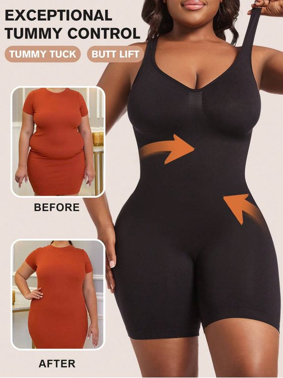 Black Plus Size Seamless Shapewear Jumpsuit With Tummy Tuck & Butt Lift