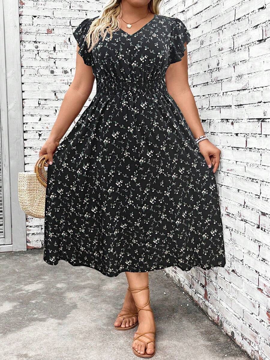 Black Plus Size Shirred Ditsy Floral Ruffle Sleeve V-Neck A-Line Maxi ...