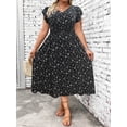 Black Plus Size Shirred Ditsy Floral Ruffle Sleeve V-Neck A-Line Maxi ...