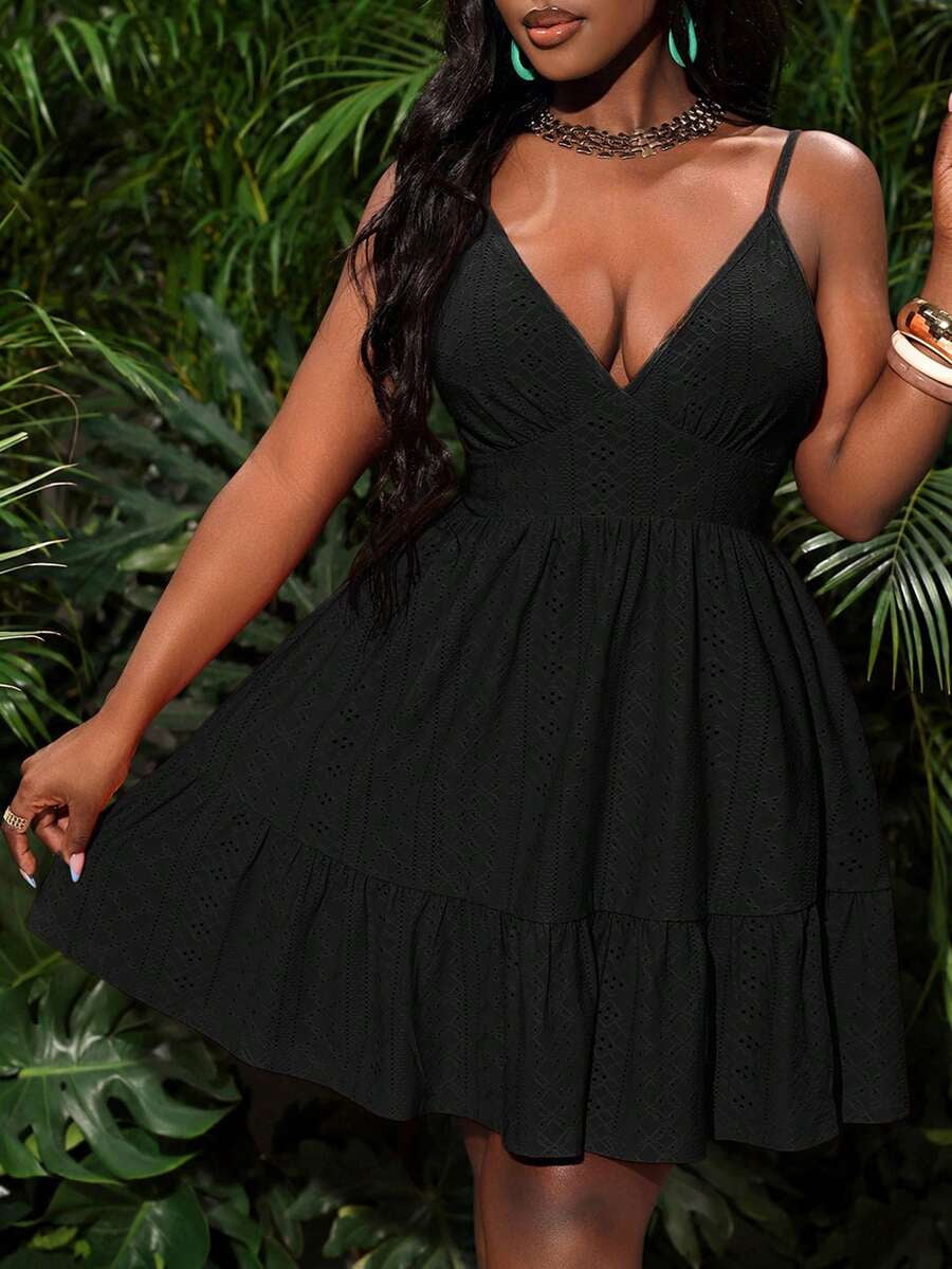 Black Plus Size Sleeveless A-Line Mini Dress With Ruffled Hem ...