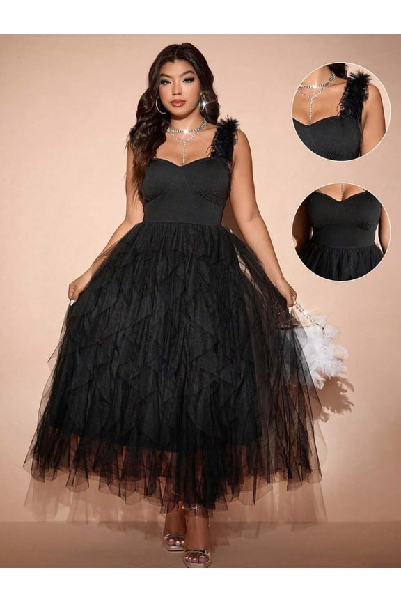 Black Plus Size Sleeveless Elegant Mesh Ruffle Maxi Party Dress With Feather Detail