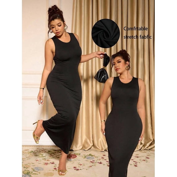 Black Plus Size Solid Round Neck Sleeveless Fitted Bodycon Maxi Dress