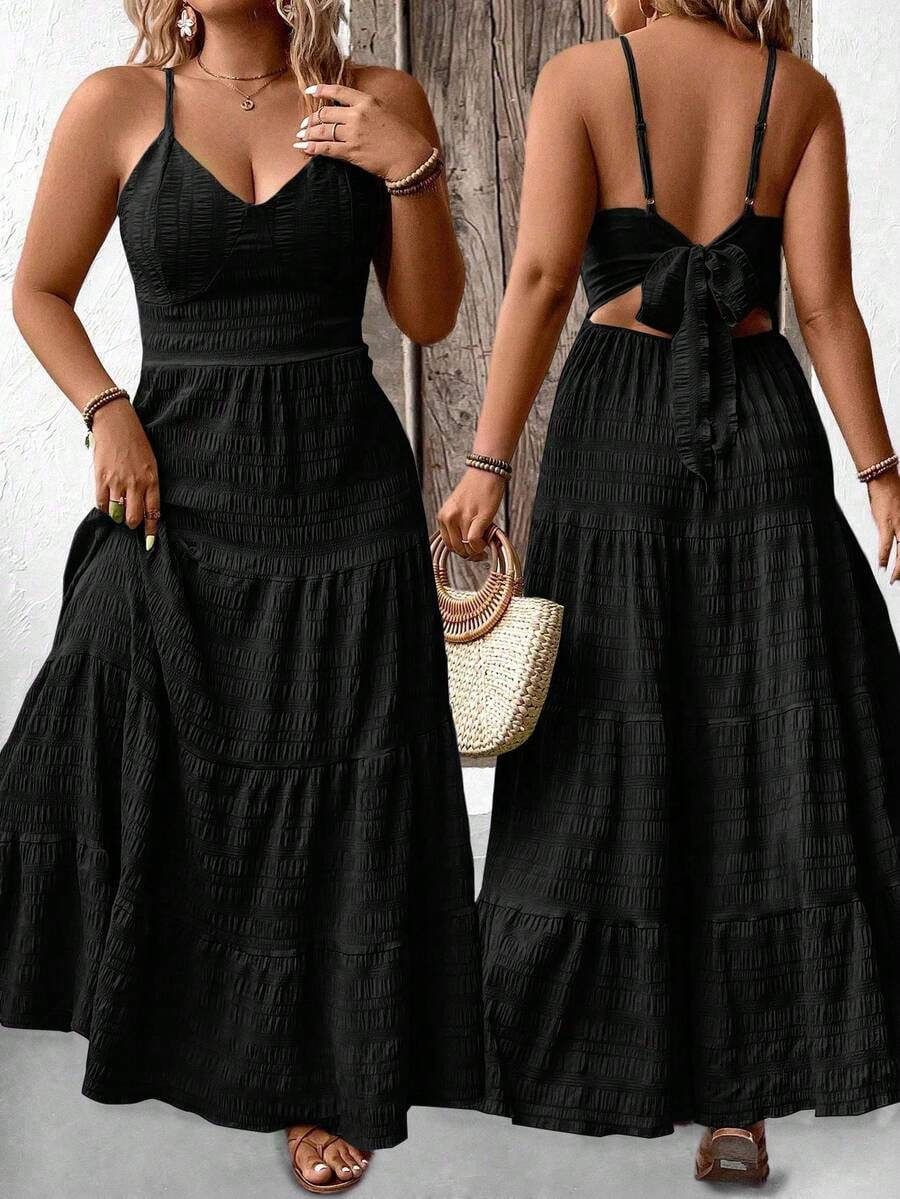 Black Plus Size Solid Ruffle Hem Backless Spaghetti Strap Sleeveless ...