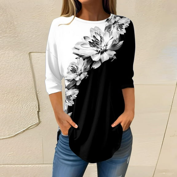Black Plus Size Top for Women, Polyester Plus Size Shirts Women, 3/4 Sleeve Blouse Plus Size, Blouse for Women Plus Size, Floral Weekend Printed Women'S Tops Plus Size