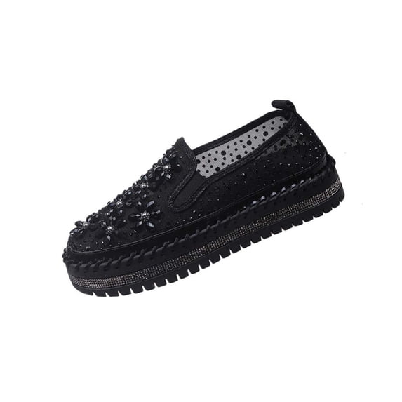 Black Plus Size Women Flat Loafers Round Toe Rhinestone Flower Embellishment Slip On Comfortable Casual Flats Ladies