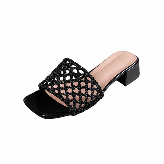 Black Plus Size Women Open Toe Slippers Square Toe Mid Heel Hollow Out ...