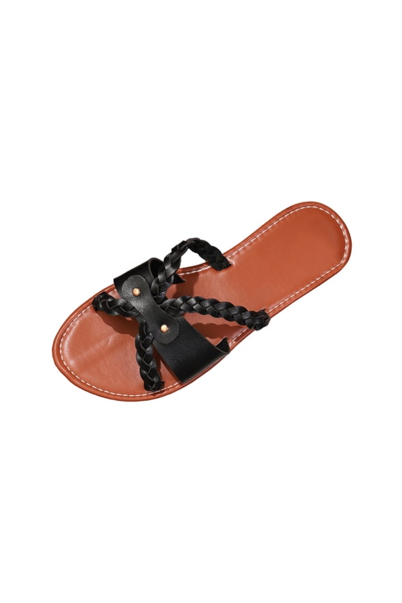 Black Plus Size Women Slip On Slippers Round Toe Open Toe Flat Comfortable Casual House Shoes Ladies