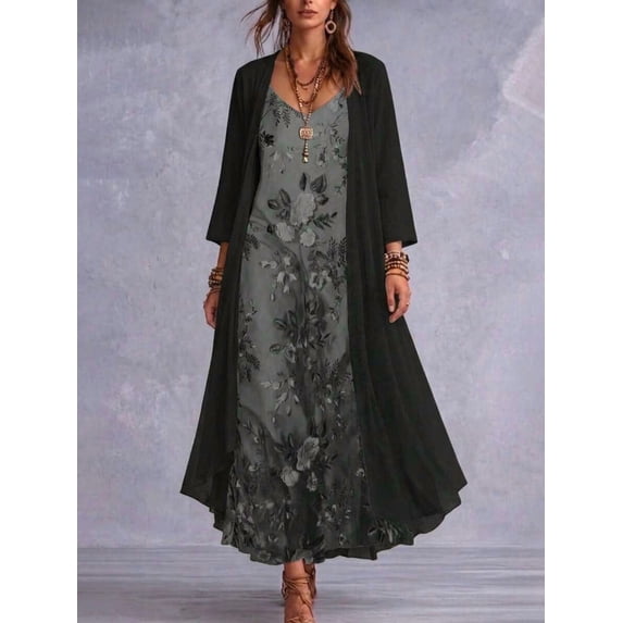 Black / Plus Size Women's Elegant Floral Print Sleeveless V-Neck Dress