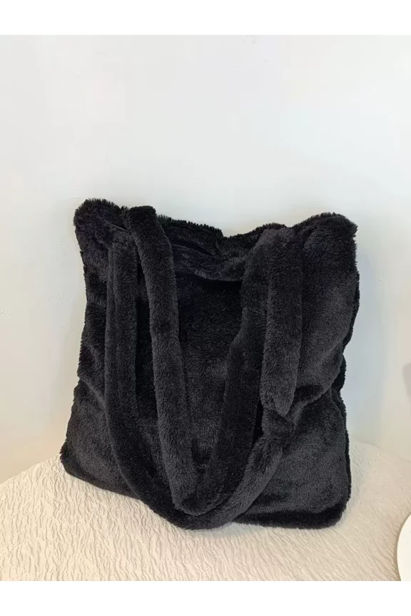 Black Plush Fuzzy Tote Bag With Oversized Shoulder Straps
