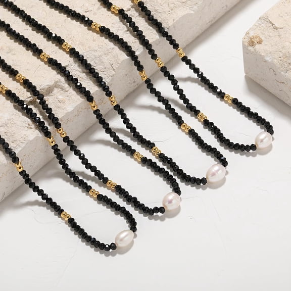 Black Point Beads Freshwater Pearl Titanium Steel Necklace for Women Gold Black Abacus Beads Stylish and Elegant Jewelry for Daily Wear and Special Occasions