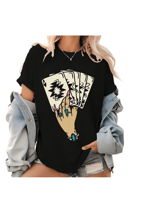 Baby I'm A Wild Card Hand with Turquoise Print T Shirt Turquoise Jewelry Graphic Classy Cotton Graphic Tops Western Playing Cards Tees Black,L
