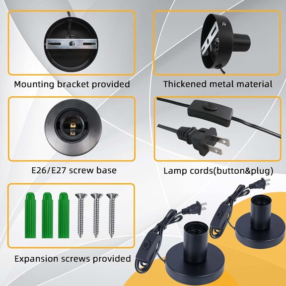 Black Polished Metal Desktop Lamp Base, Small Industrial Base Only, Simple E26/E27 Screw Light Socket Edison Bulb Holder Base,5.7ft Cord On/Off Switch US Plug (2 Pack)