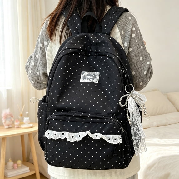 Black Polka Dot Backpack Bow Backpack - Coquette Back Pack with Lace Trim & Plush Charm, Kawaii Casual Daypack for Classes travel Coquette Backpack Lace Backpack